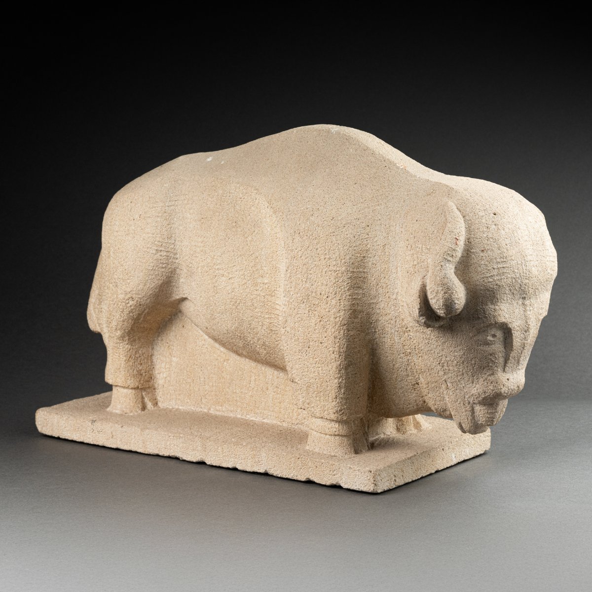 American Bison - Direct Carving On White Limestone Without Mark Or Signature-photo-2