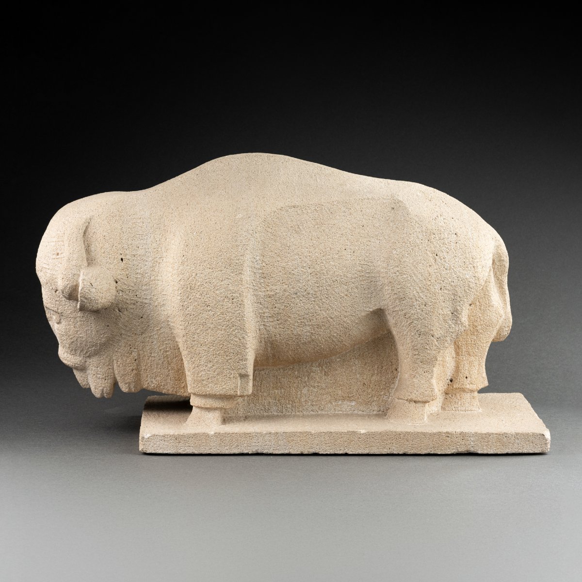 American Bison - Direct Carving On White Limestone Without Mark Or Signature-photo-3