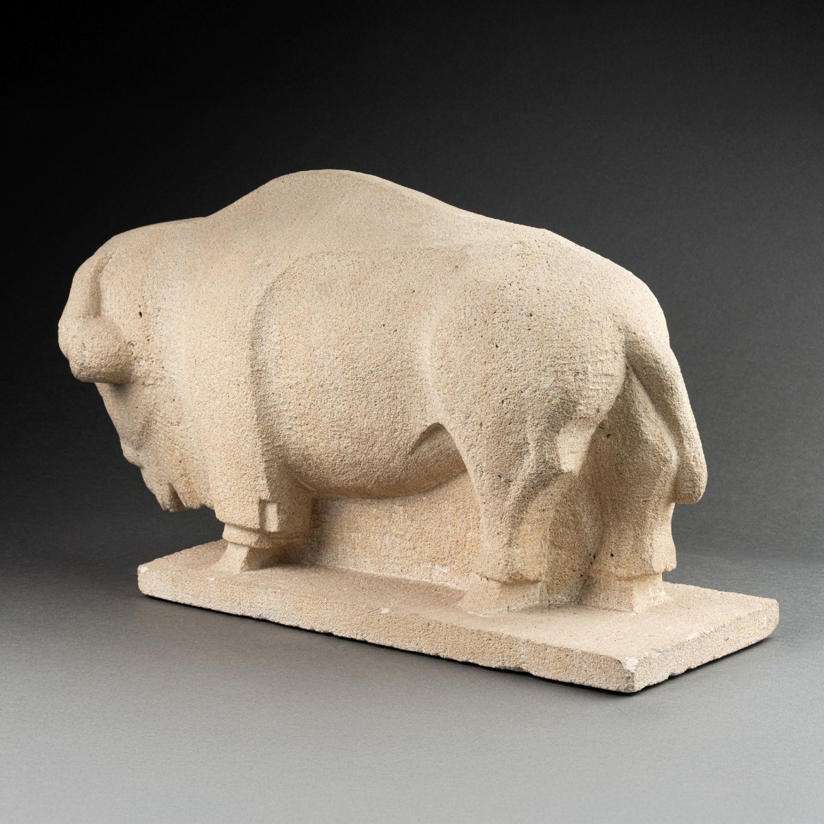 American Bison - Direct Carving On White Limestone Without Mark Or Signature-photo-4