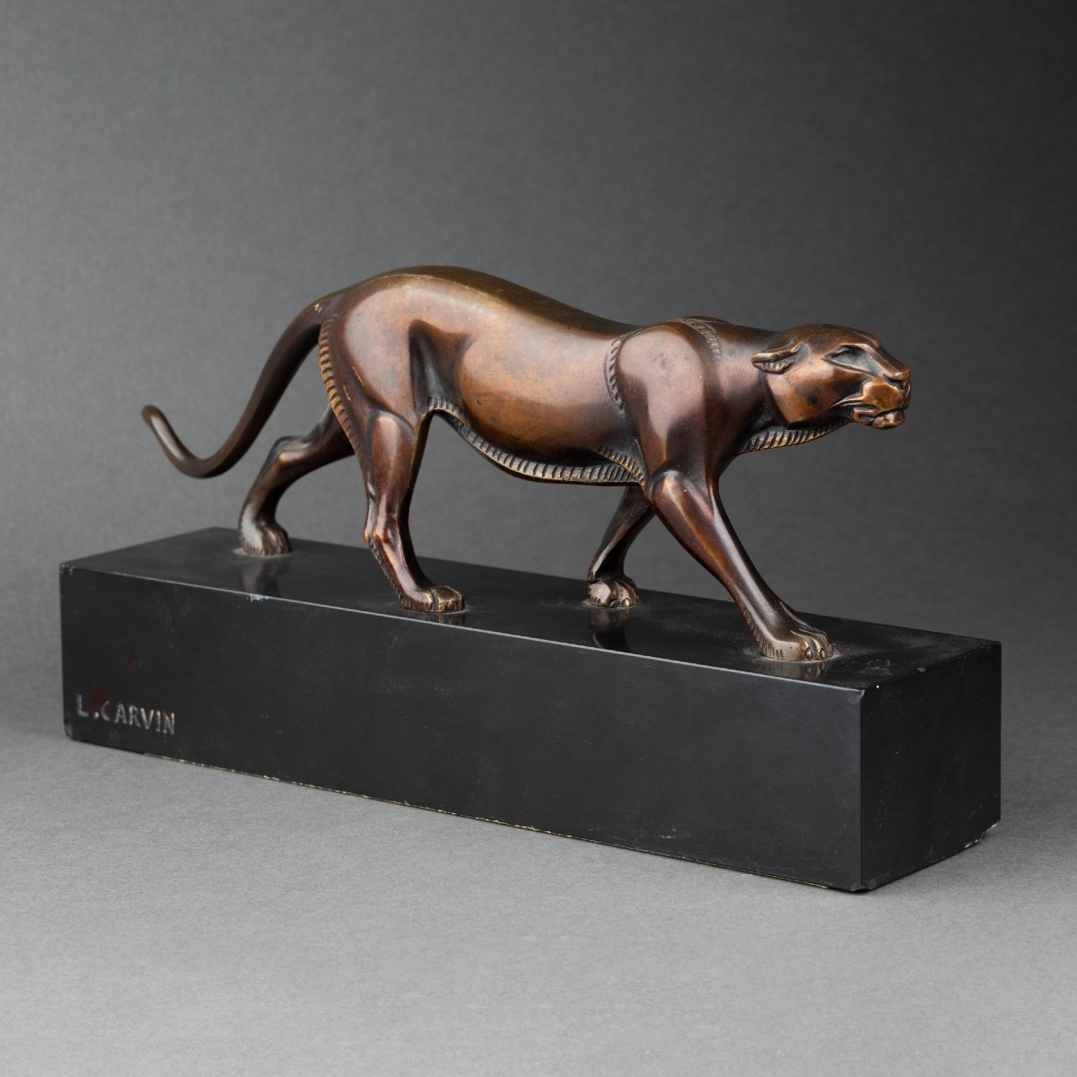 L-a. Carvin: Walking Panthera, Patinated Bronze Sculpture C.1930-photo-2
