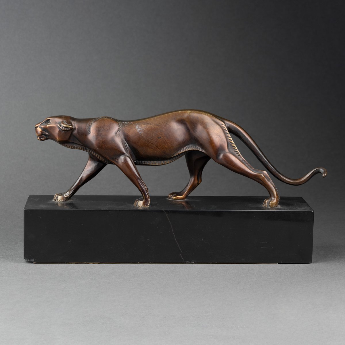 L-a. Carvin: Walking Panthera, Patinated Bronze Sculpture C.1930-photo-1