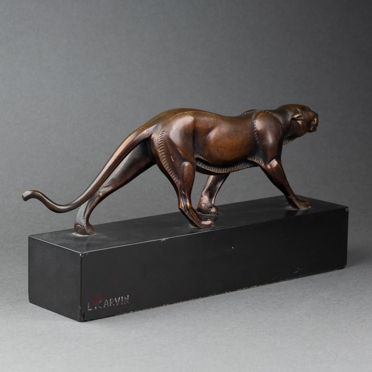 L-a. Carvin: Walking Panthera, Patinated Bronze Sculpture C.1930-photo-4