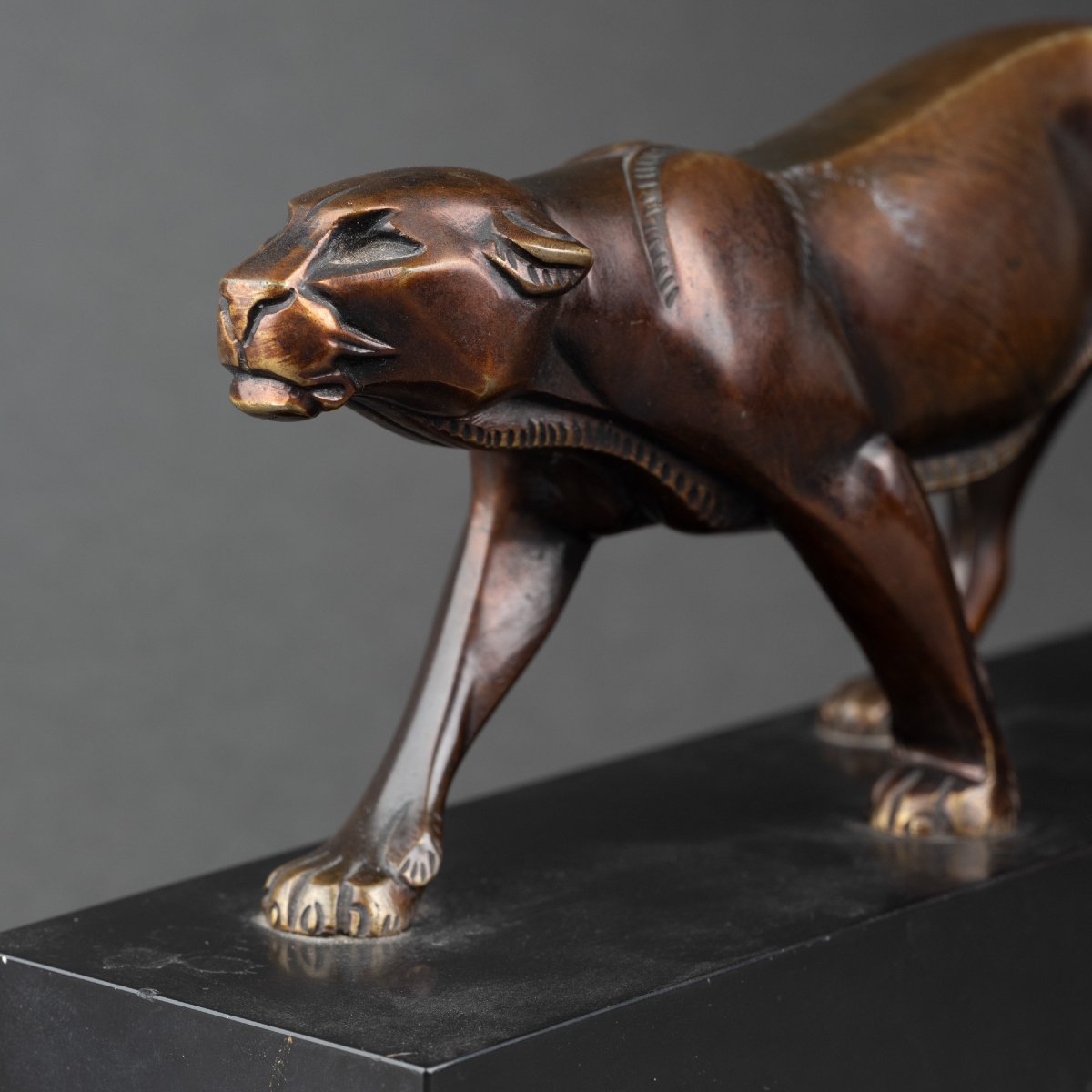 L-a. Carvin: Walking Panthera, Patinated Bronze Sculpture C.1930-photo-5