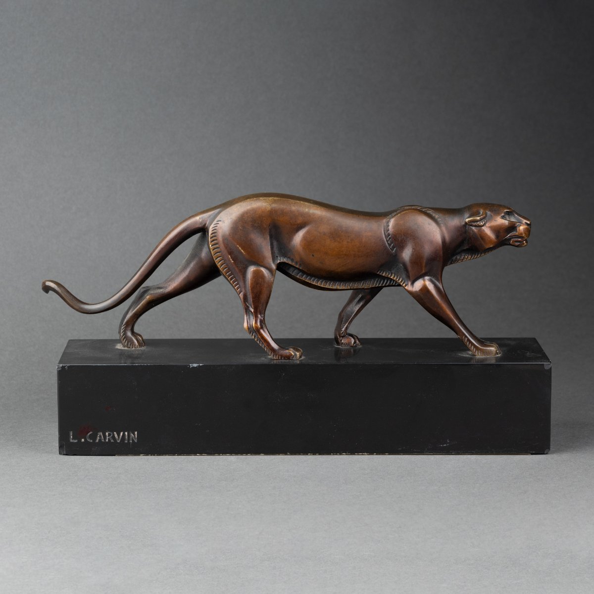 L-a. Carvin: Walking Panthera, Patinated Bronze Sculpture C.1930