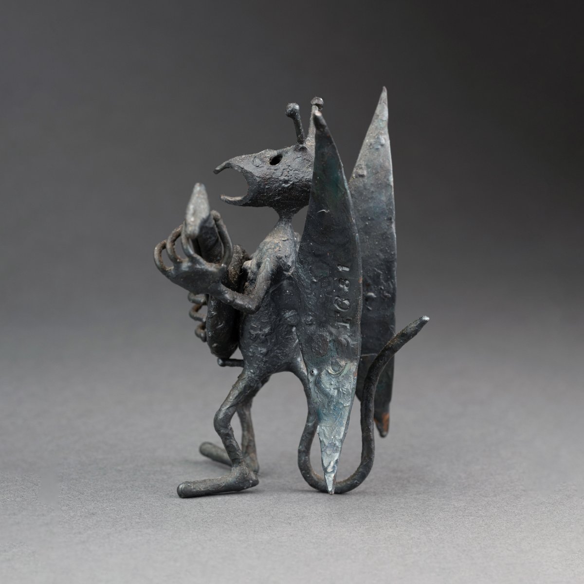 François Colette: "devil Playing The Banjo", Unique Welded Iron Sculpture Dated 1981-photo-3