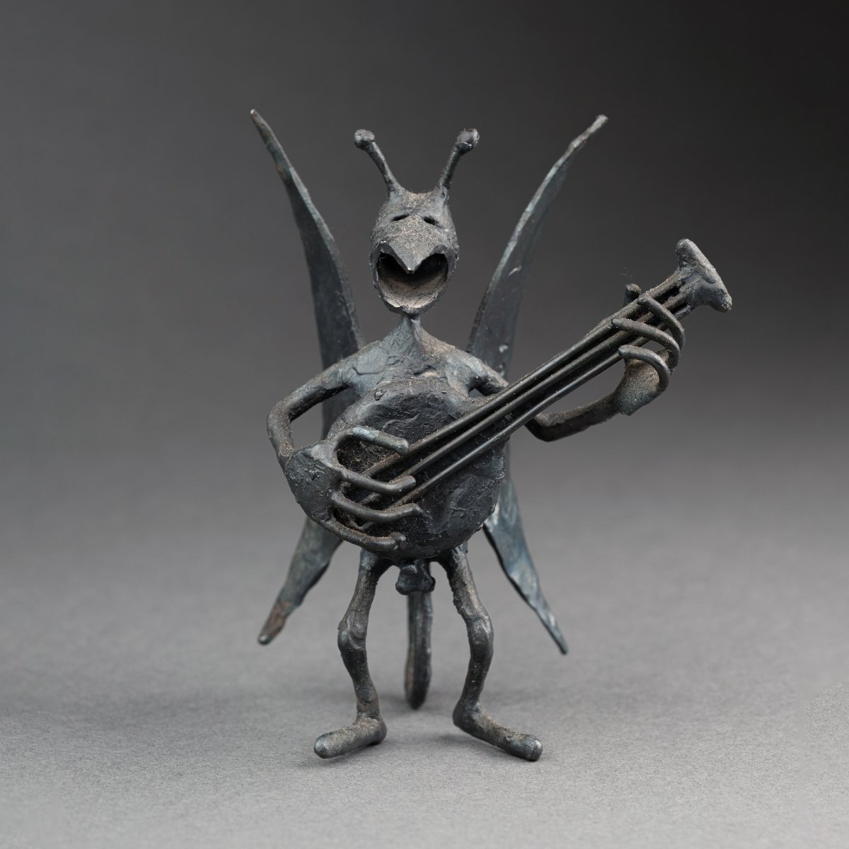 François Colette: "devil Playing The Banjo", Unique Welded Iron Sculpture Dated 1981
