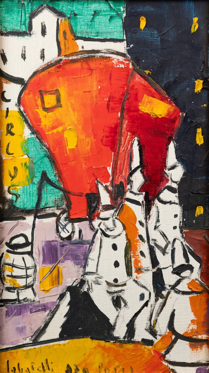  "Clowns de cirque à Paris" : Huile sur toile encadrée signée Labatelli ? - XXè s.-photo-2