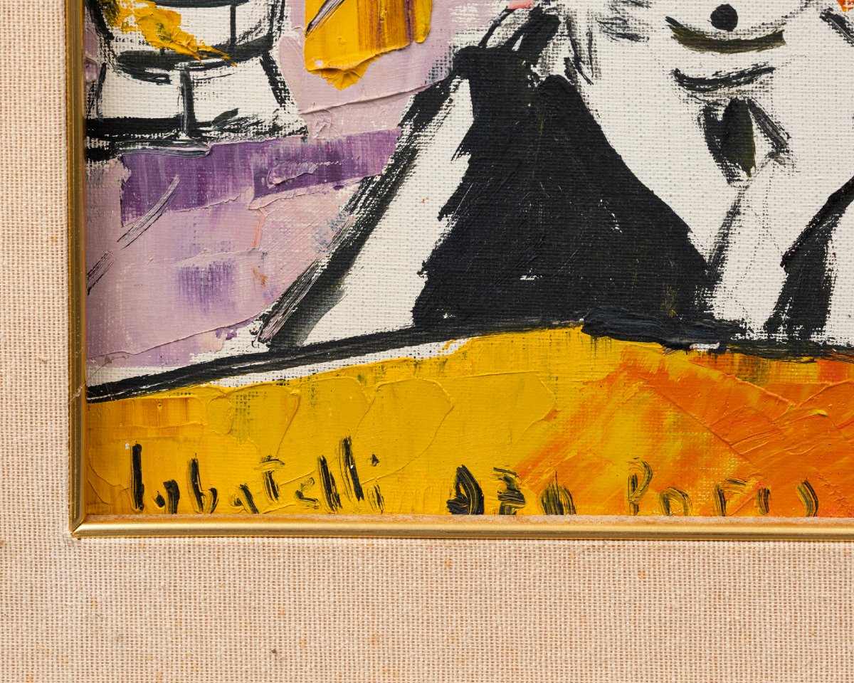  "Clowns de cirque à Paris" : Huile sur toile encadrée signée Labatelli ? - XXè s.-photo-2