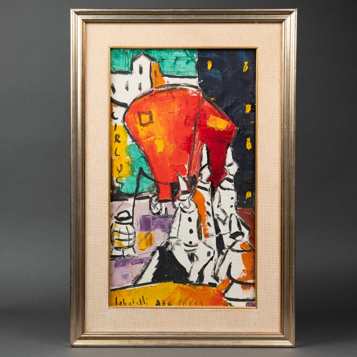  "Clowns de cirque à Paris" : Huile sur toile encadrée signée Labatelli ? - XXè s.