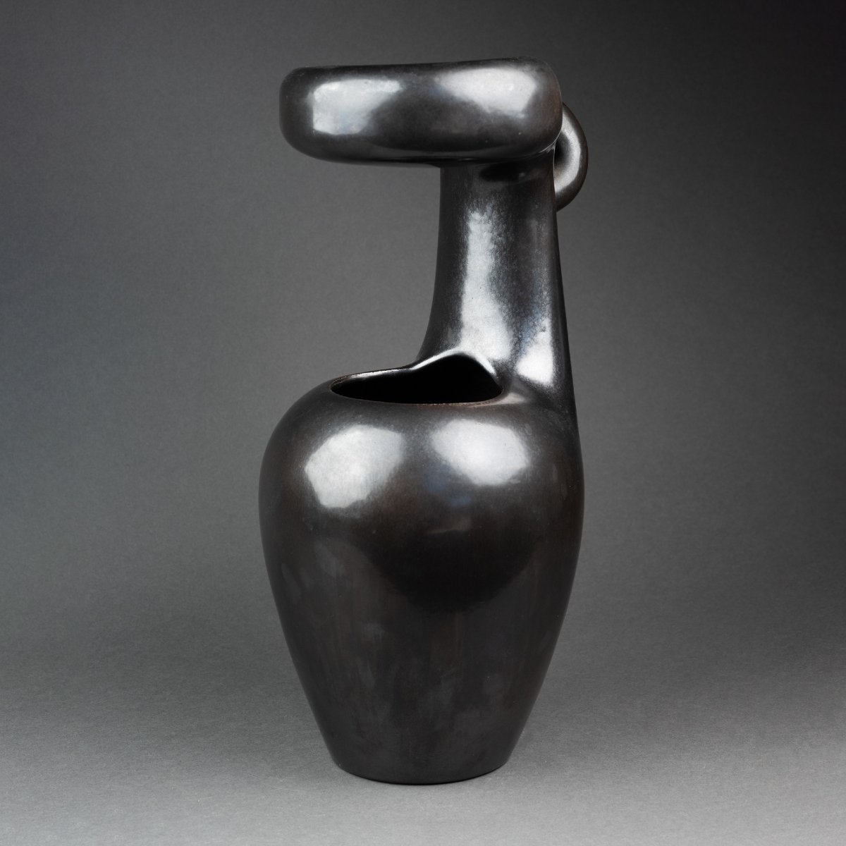 Large, Free-form Ceramic Vase With Black Glaze From The 1950s–1970s-photo-2