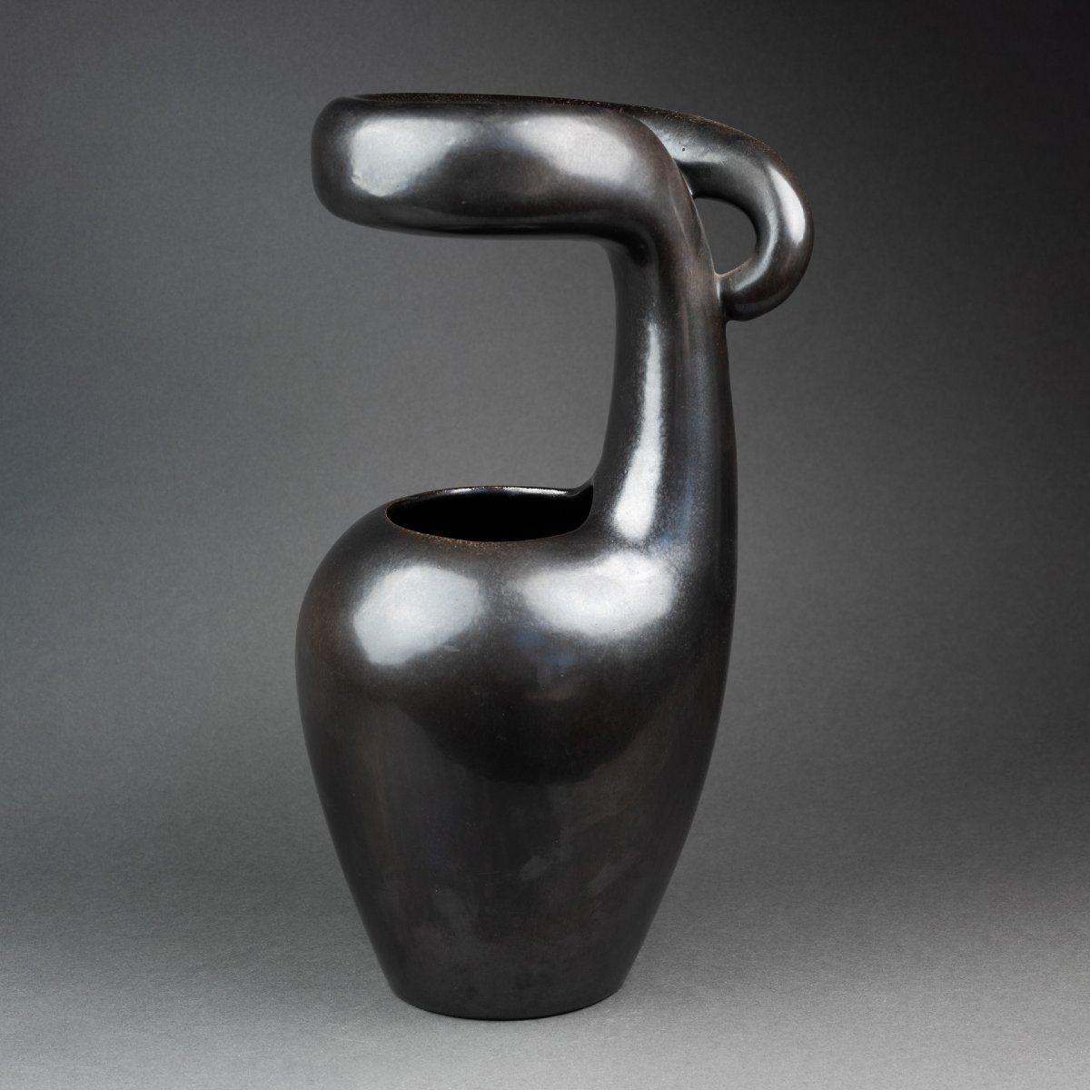 Large, Free-form Ceramic Vase With Black Glaze From The 1950s–1970s-photo-3