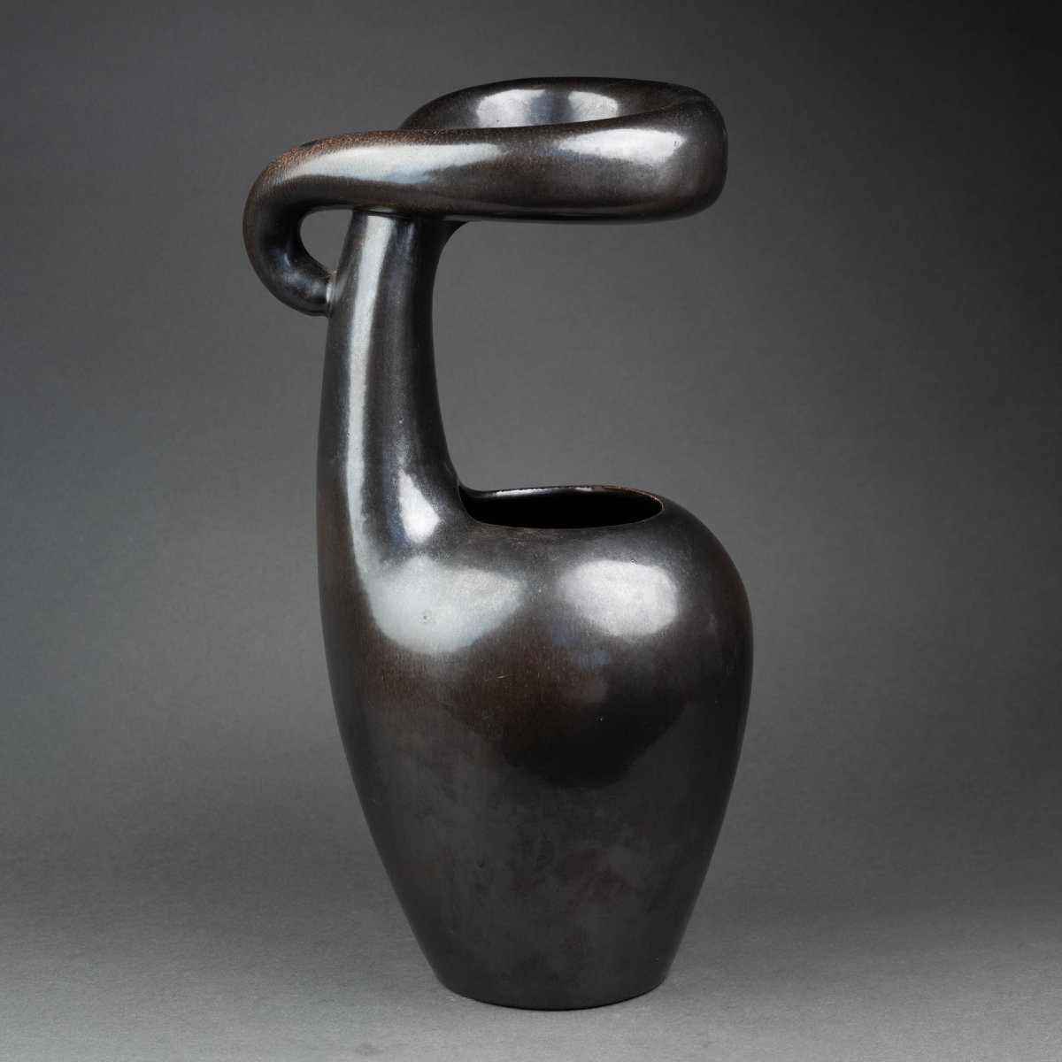 Large, Free-form Ceramic Vase With Black Glaze From The 1950s–1970s-photo-2