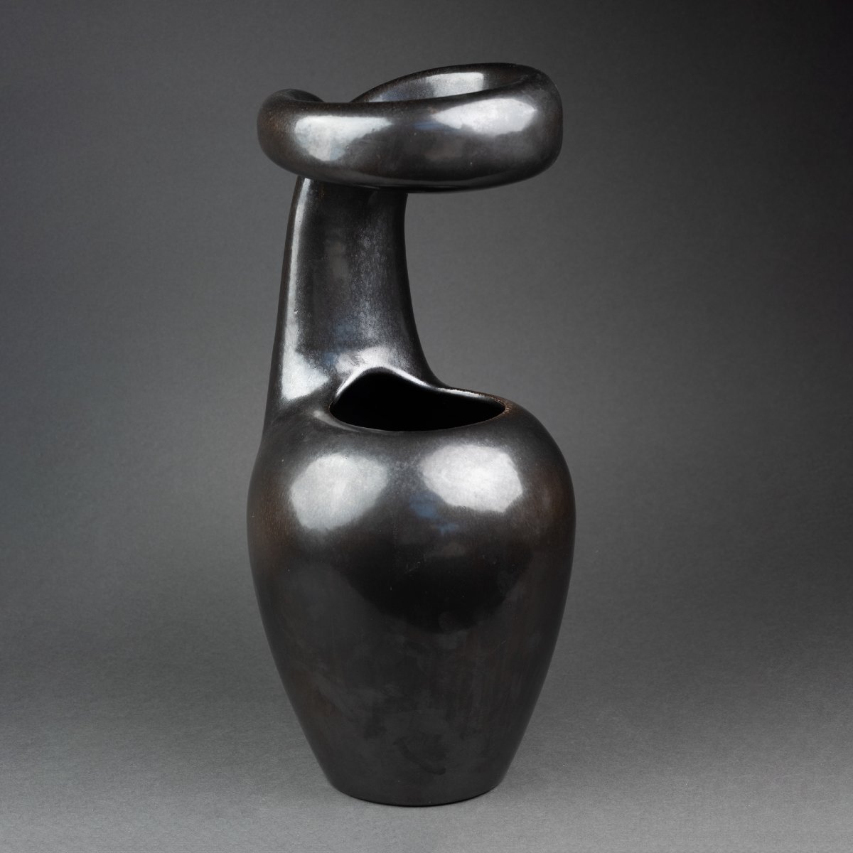 Large, Free-form Ceramic Vase With Black Glaze From The 1950s–1970s-photo-3