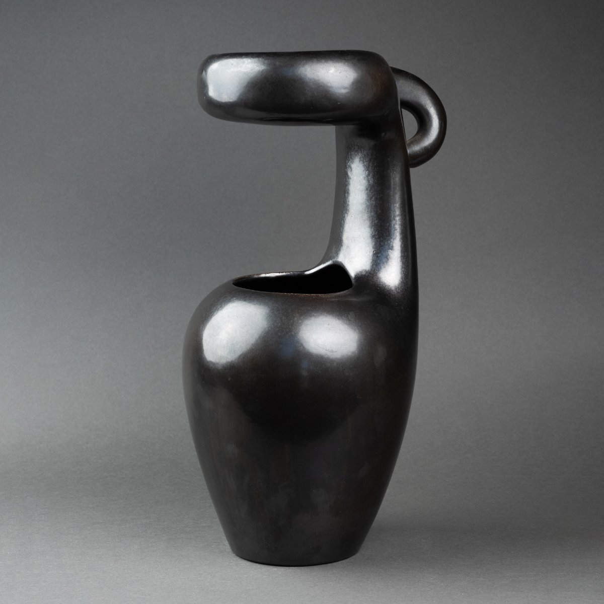 Large, Free-form Ceramic Vase With Black Glaze From The 1950s–1970s