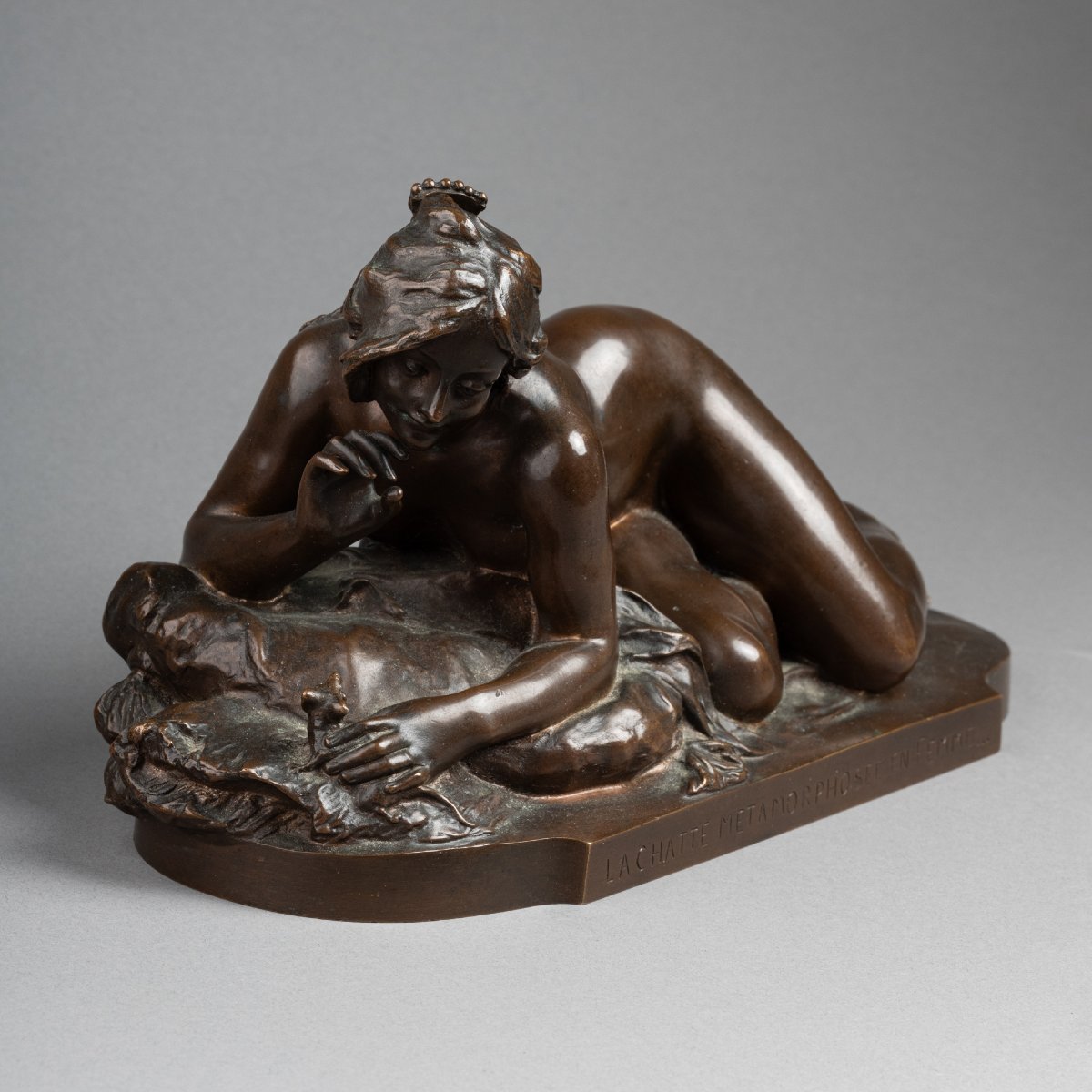 F. Faivre: "the Cat Transformed Into A Woman," Patinated Bronze Sculpture, Circa 1900-photo-3