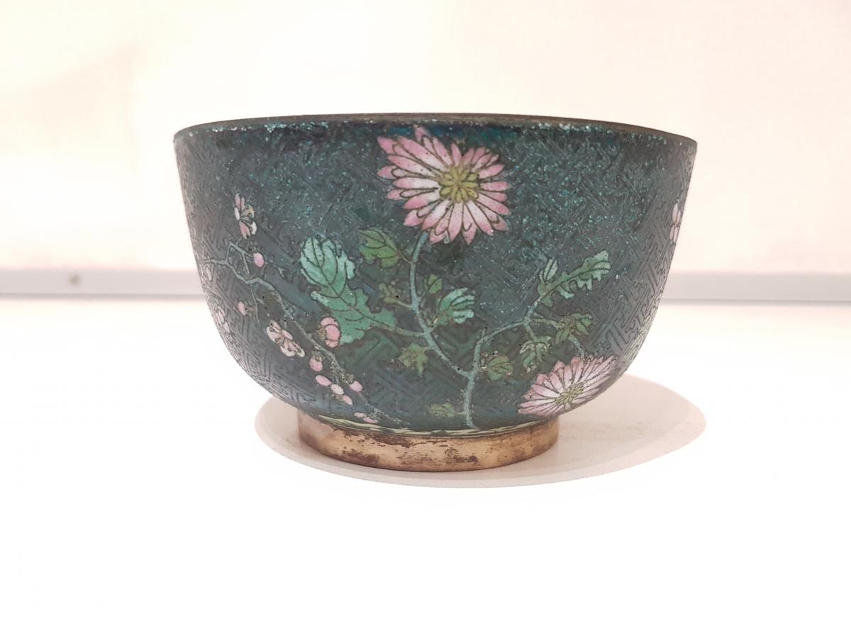 Bowl In Cloisonné Enamels. Floral Decor On Green Backgrounds. Asia 19th Century.-photo-1