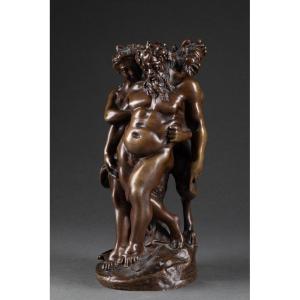 Bacchus Ivre, Silène Et Bacchante - Bronze Patiné XIXème