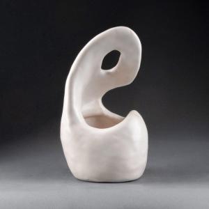 White Glazed Ceramic Vase, Free Form, 1950s-60s