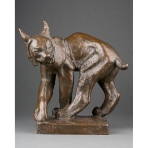 Jussi Mantynen (1886-1978, Finland) 'ion Vädrar Fara' Lynx On The Watch, Rare Art Deco Bronze