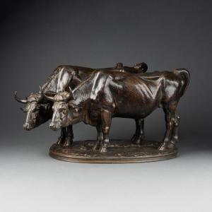 Alfred Jacquemart (1824-1896) : "Boeufs attelés" - Bronze XIXème, Fonte F. Barbedienne