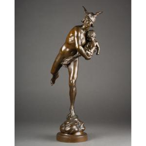 Emmanuel Hannaux : "Mercure et Cupidon", sculpture en bronze patiné C.1880