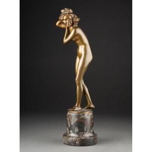 Prof Otto POERTZEL (1865-1922) : "Nu féminin au chat" Bronze à patine mordoré vers 1920/30