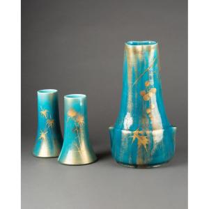 Clément Massier And L. Levy - Beautiful Set Of 3 Glazed Ceramic Vases On A Blue Background