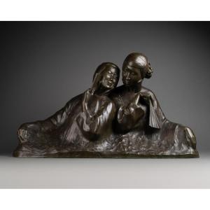 Gaston Hauchecorne -1880-1945) Two Asian Women With Fans - Rare Art Deco Bronze
