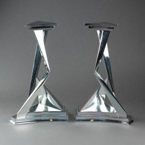 Slavador DALI (1904-1989) 'Castor et Pollux' Paire de bougeoirs en bronze argenté