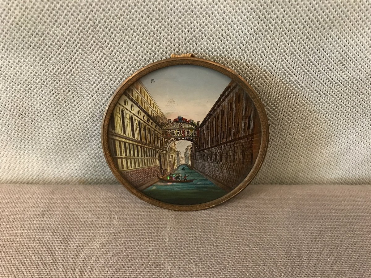 Miniature Petit Cadre Rond Eglomisé Décor De Venise D’époque 18 ème -photo-2