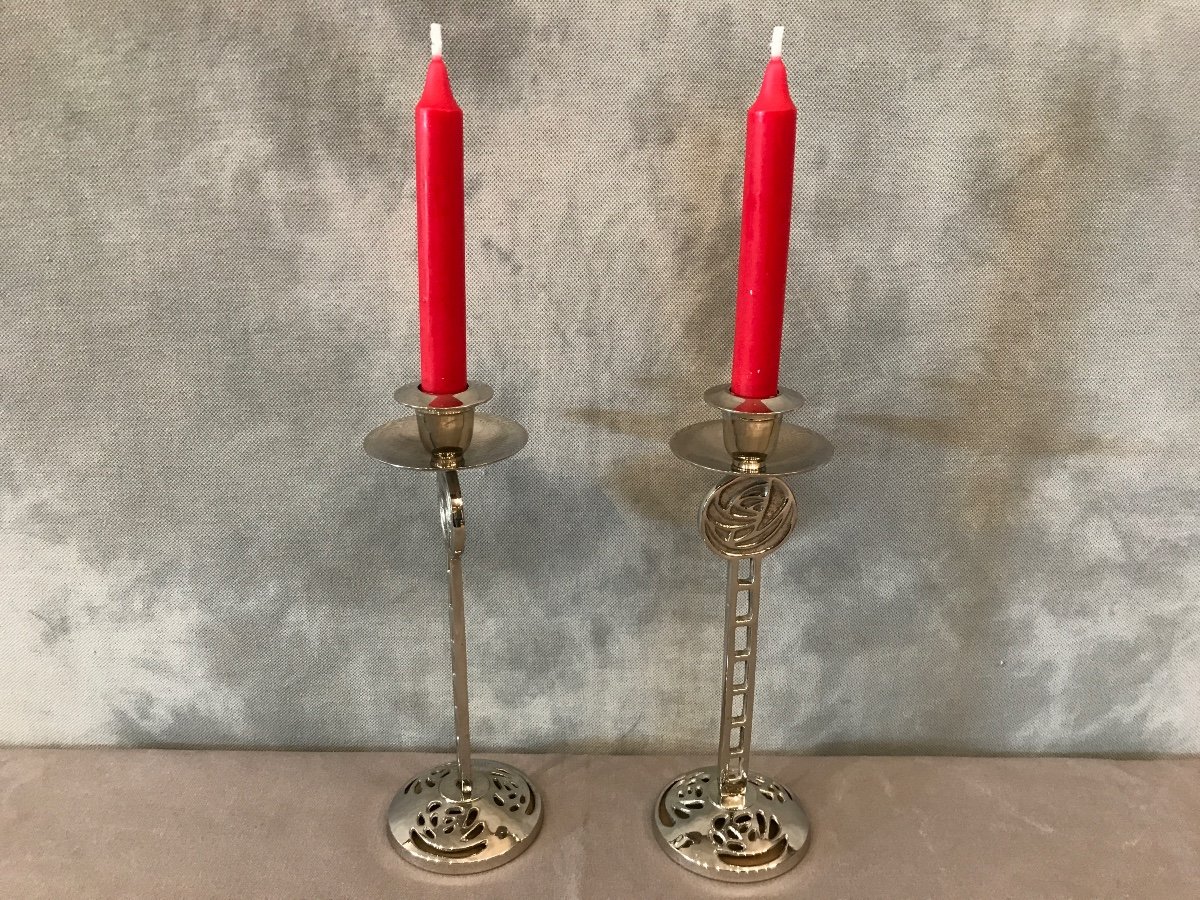 Pair Of Chromed Metal Candlesticks Circa 1960-photo-1