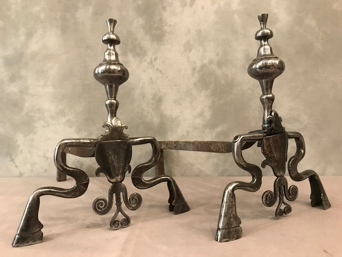 Pair Of Andirons In Wrought Iron Louis XIV Period 17th-photo-1