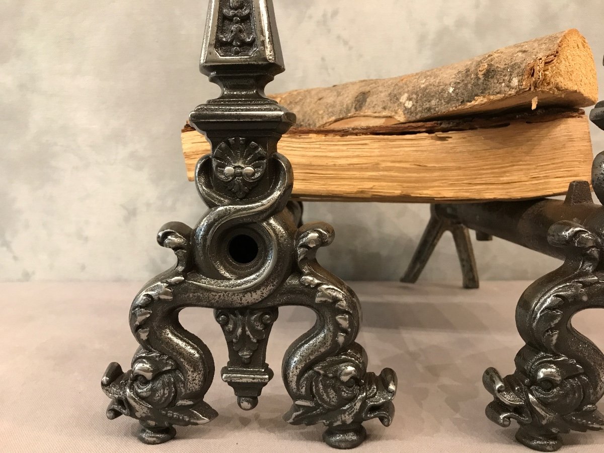 Old Cast Iron Andirons With Dolphins From The 19th Time-photo-3