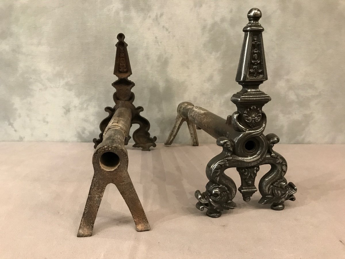 Old Cast Iron Andirons With Dolphins From The 19th Time-photo-3