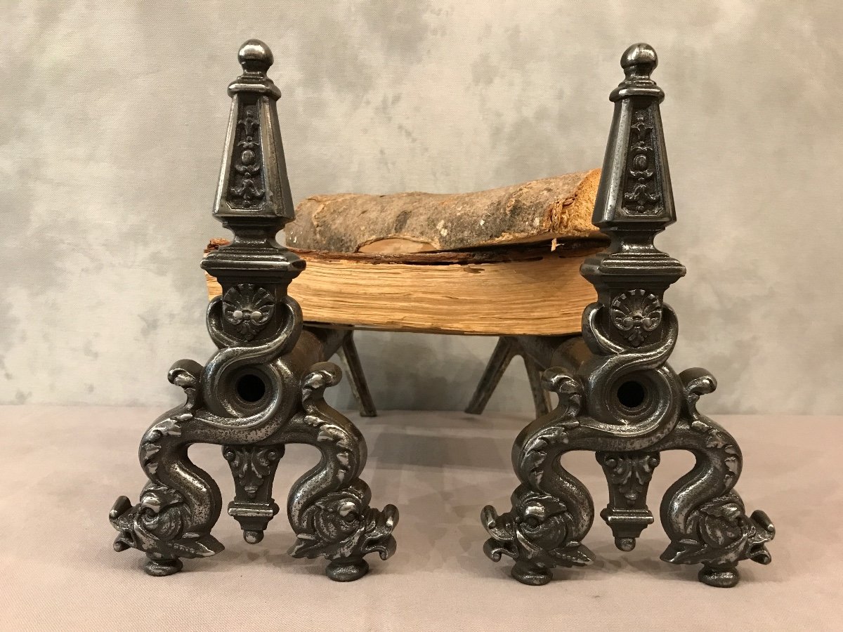 Old Cast Iron Andirons With Dolphins From The 19th Time