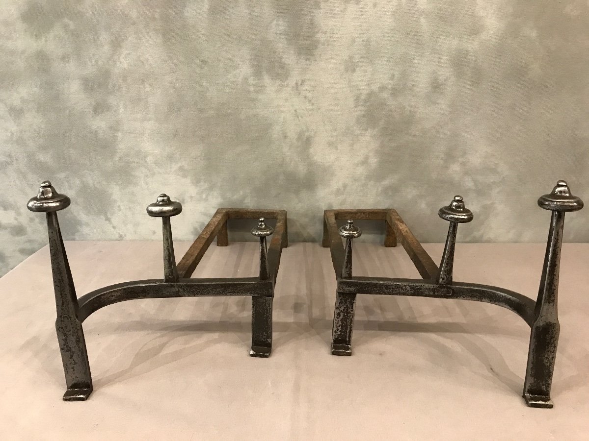 Pair Of Old Andirons In Polished Iron From The 18th Century-photo-3