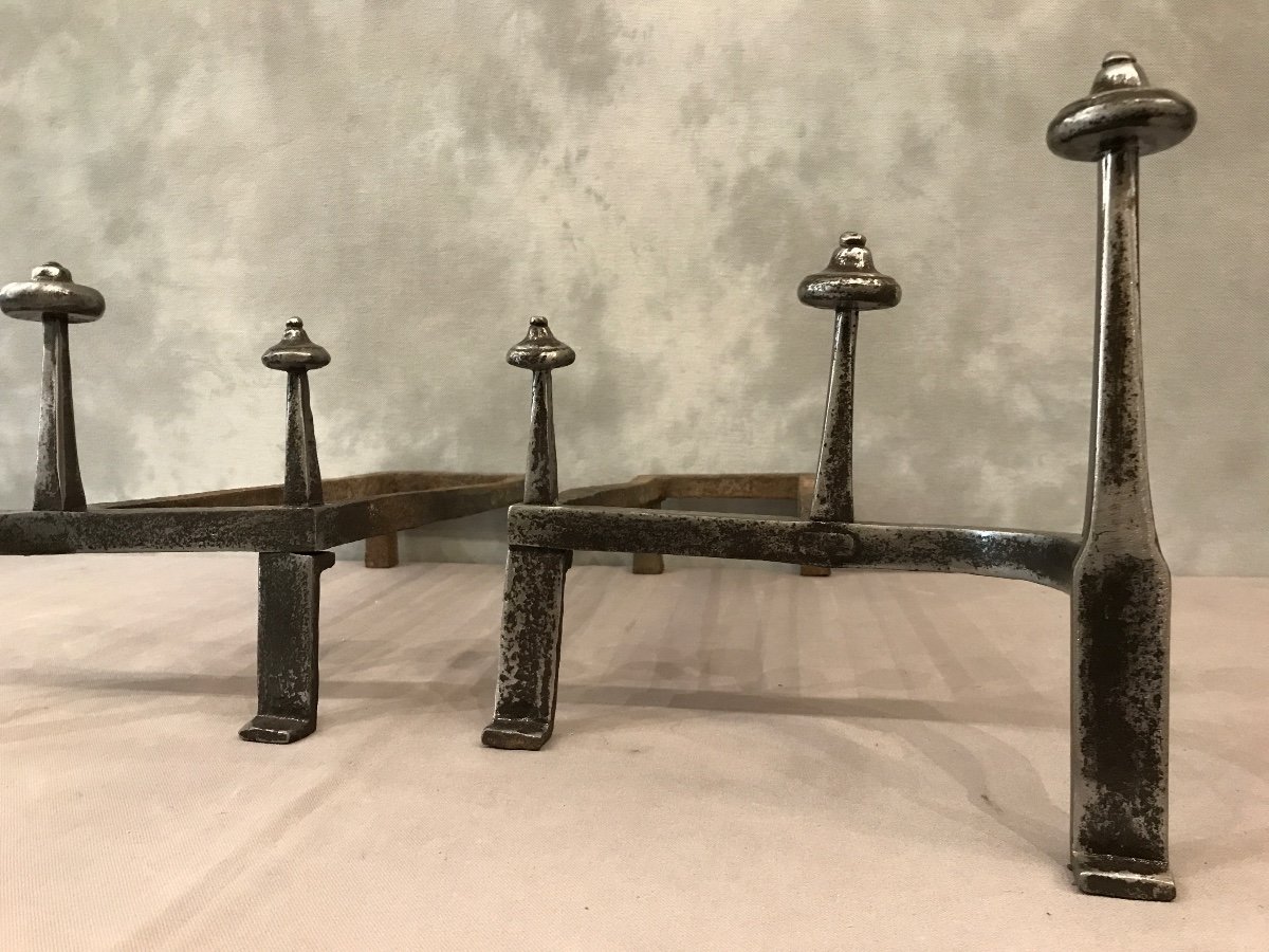 Pair Of Old Andirons In Polished Iron From The 18th Century-photo-4