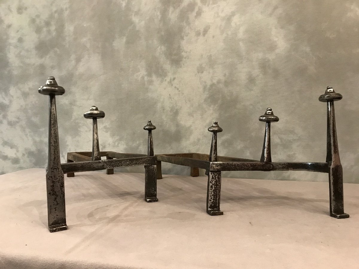 Pair Of Old Andirons In Polished Iron From The 18th Century-photo-2