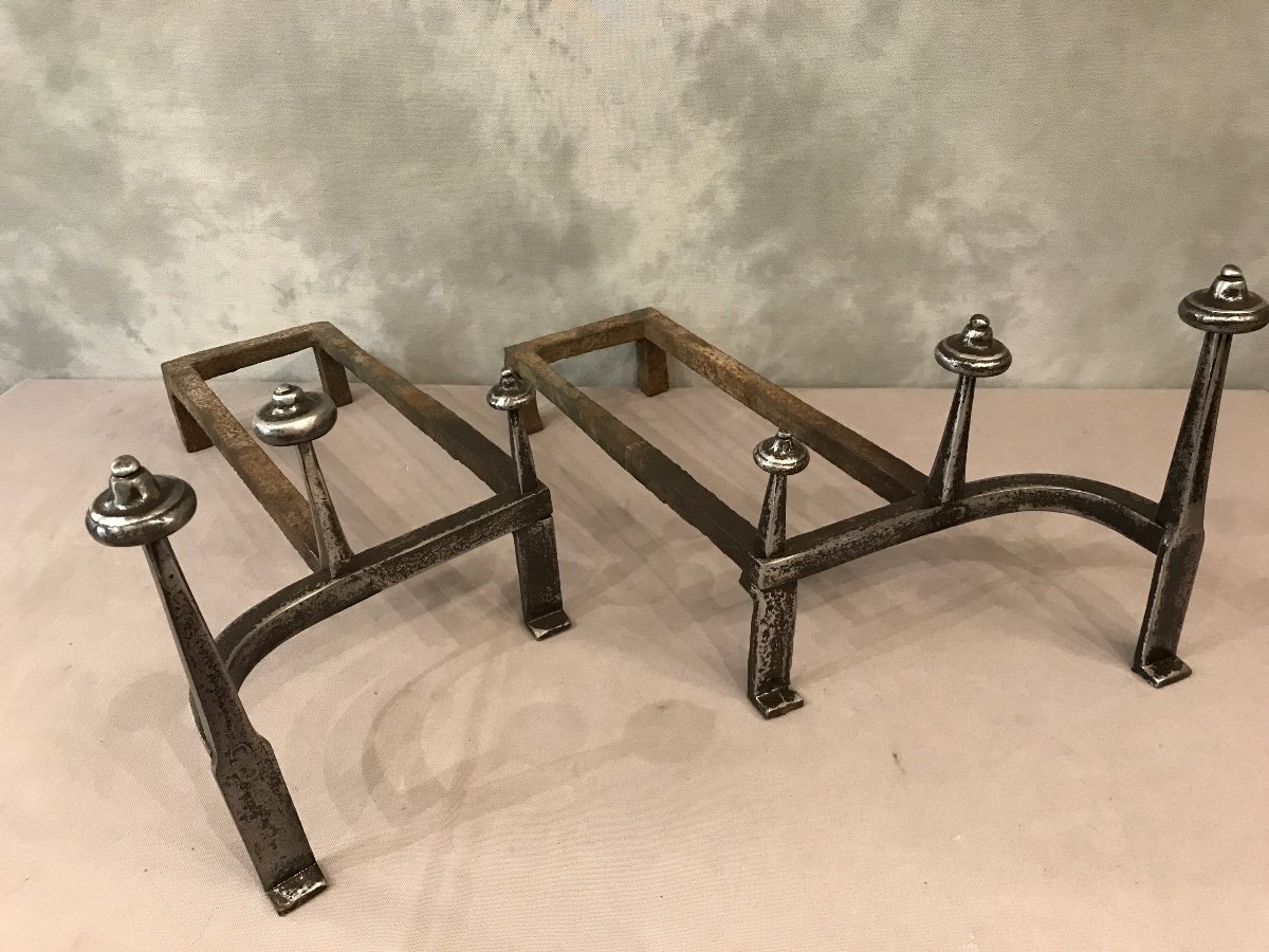 Pair Of Old Andirons In Polished Iron From The 18th Century-photo-3