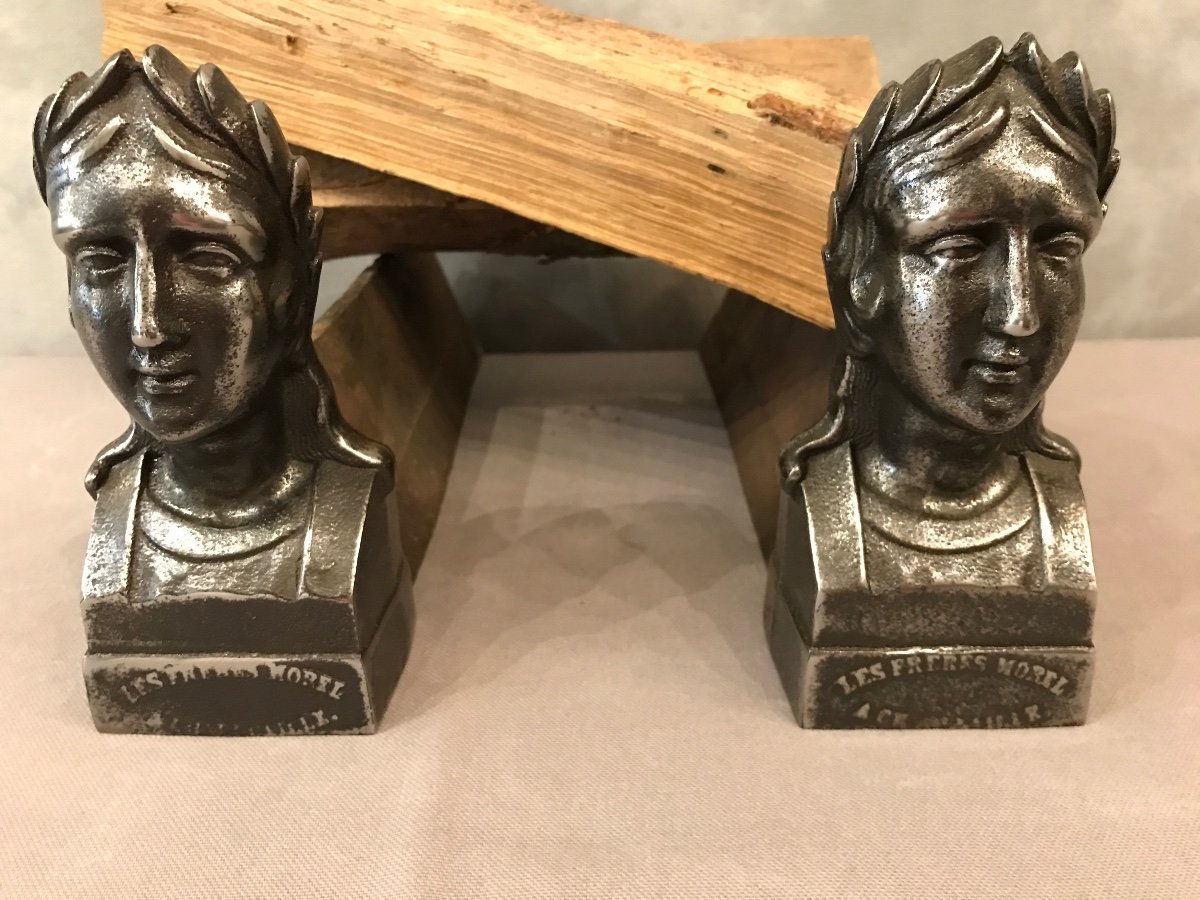 Pair Of Old Andirons In Polished Cast Iron From The 19th Century-photo-2
