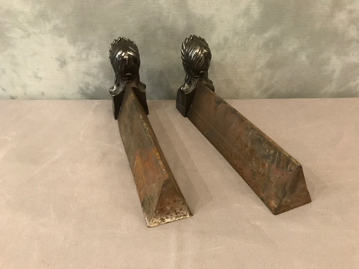 Pair Of Old Andirons In Polished Cast Iron From The 19th Century-photo-1