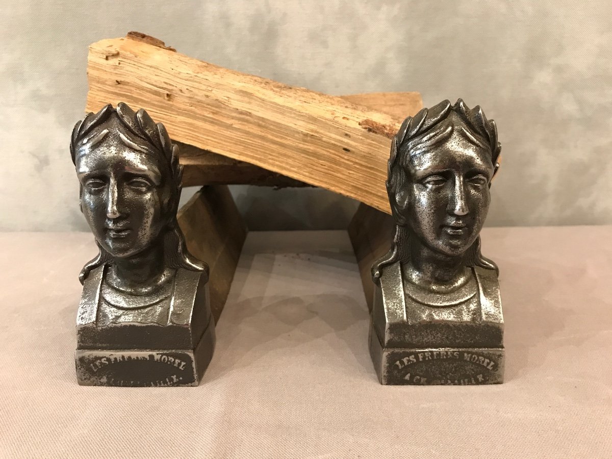 Pair Of Old Andirons In Polished Cast Iron From The 19th Century