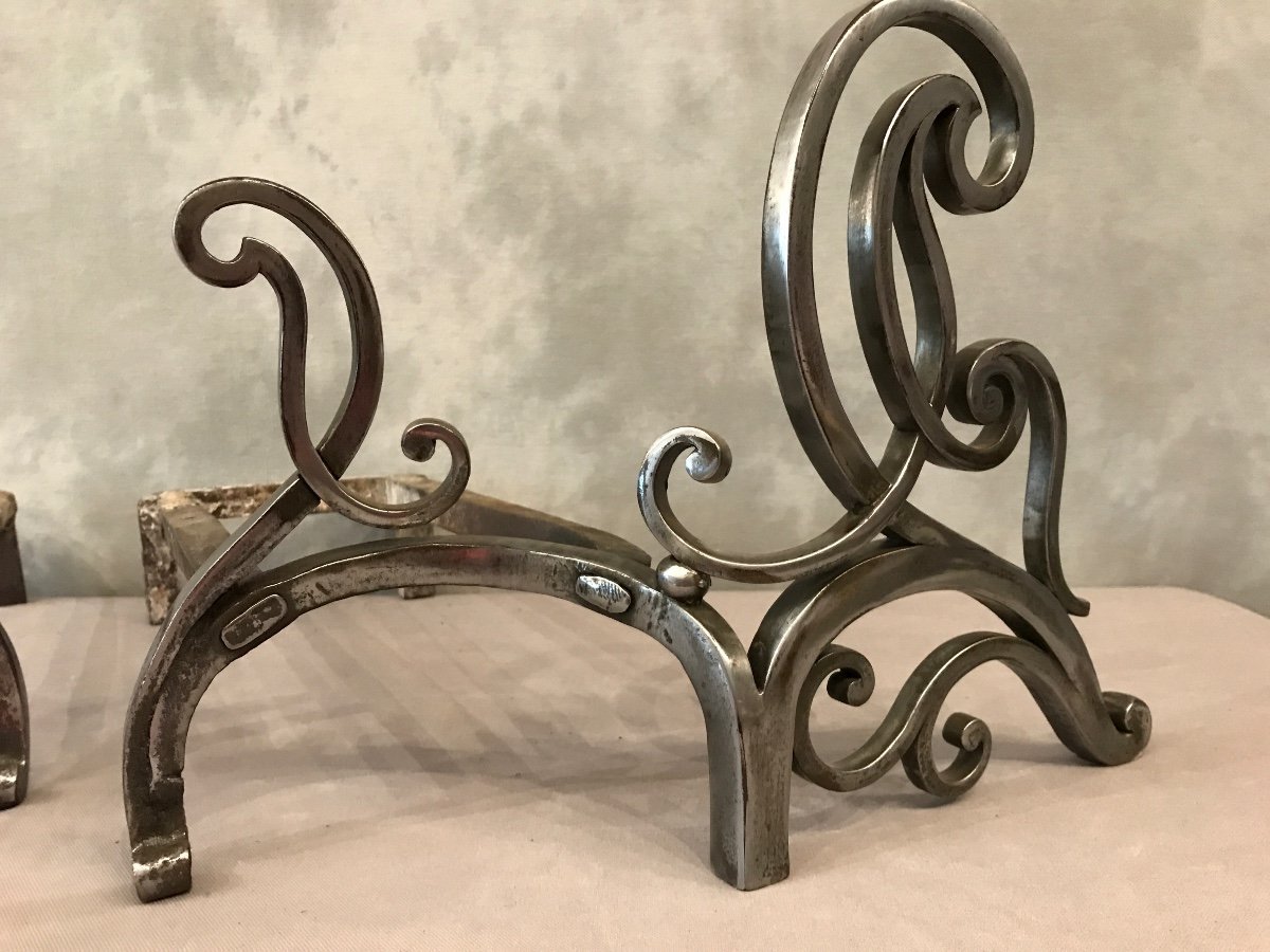 Pair Of Andirons In Polished Iron From The 18th Century-photo-2