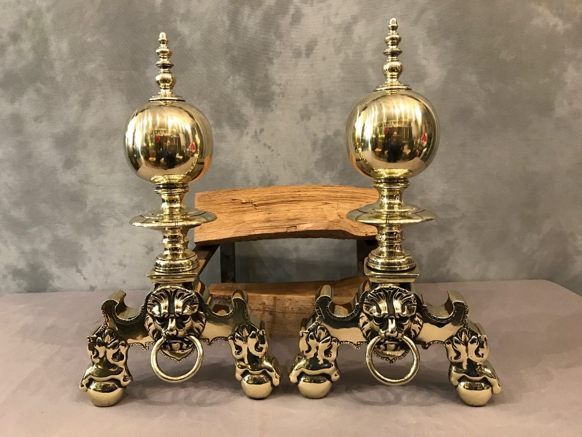 Beautiful Old Dutch Andirons In Brass From The 19th Century-photo-2