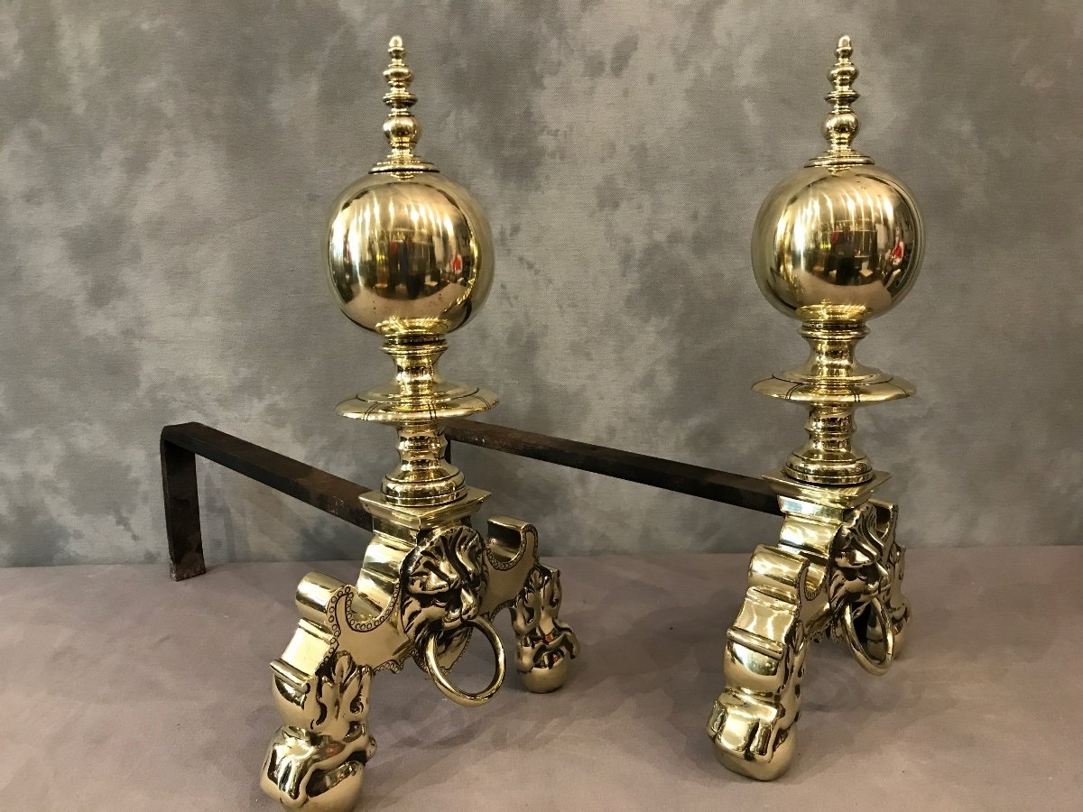 Beautiful Old Dutch Andirons In Brass From The 19th Century-photo-1