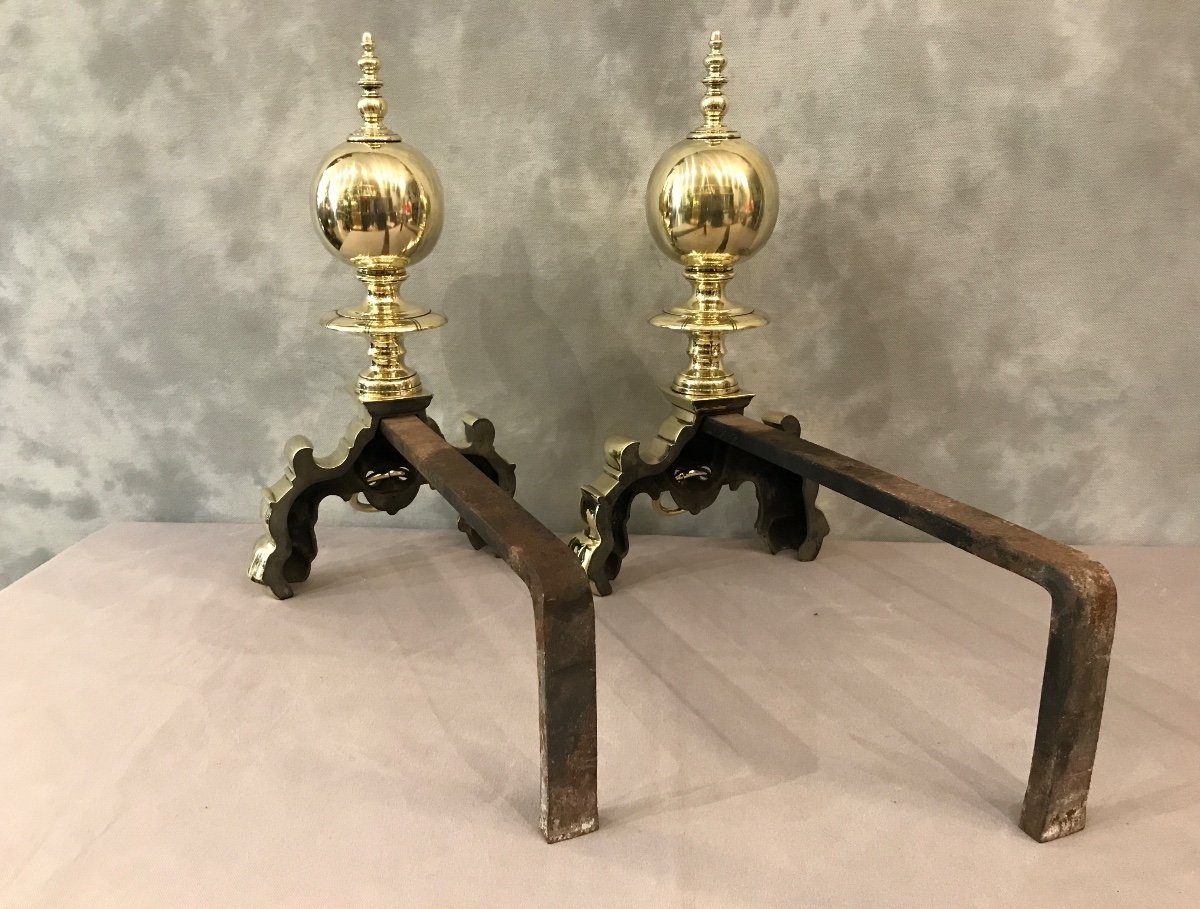 Beautiful Old Dutch Andirons In Brass From The 19th Century-photo-4