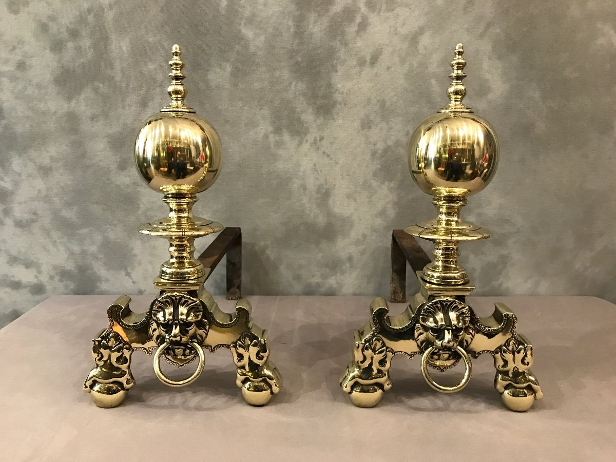 Beautiful Old Dutch Andirons In Brass From The 19th Century