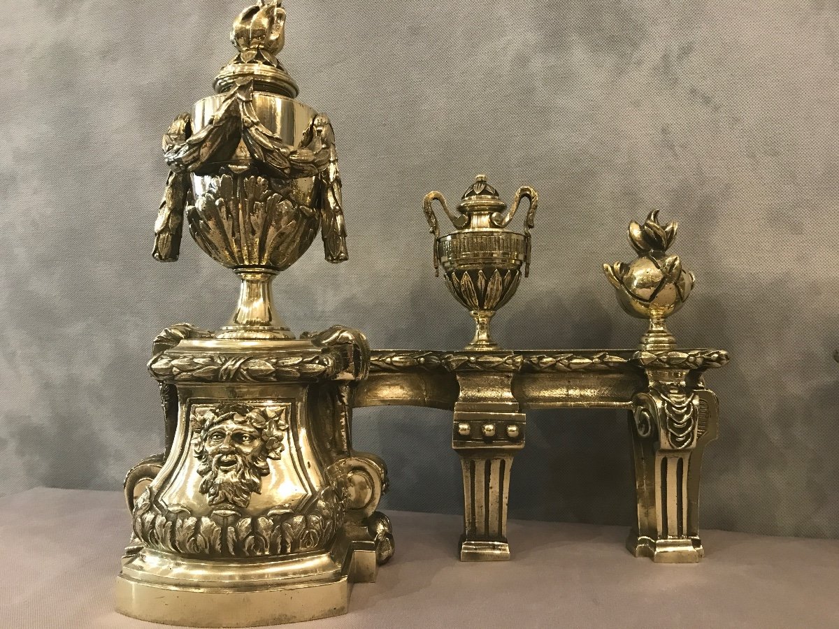 Chenets En Bronze Poli D’époque Fin 18 ème Gros Modèle Façade -photo-3