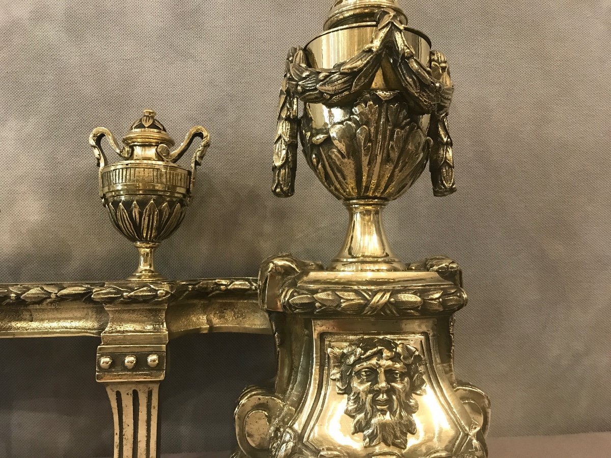 Chenets En Bronze Poli D’époque Fin 18 ème Gros Modèle Façade -photo-1