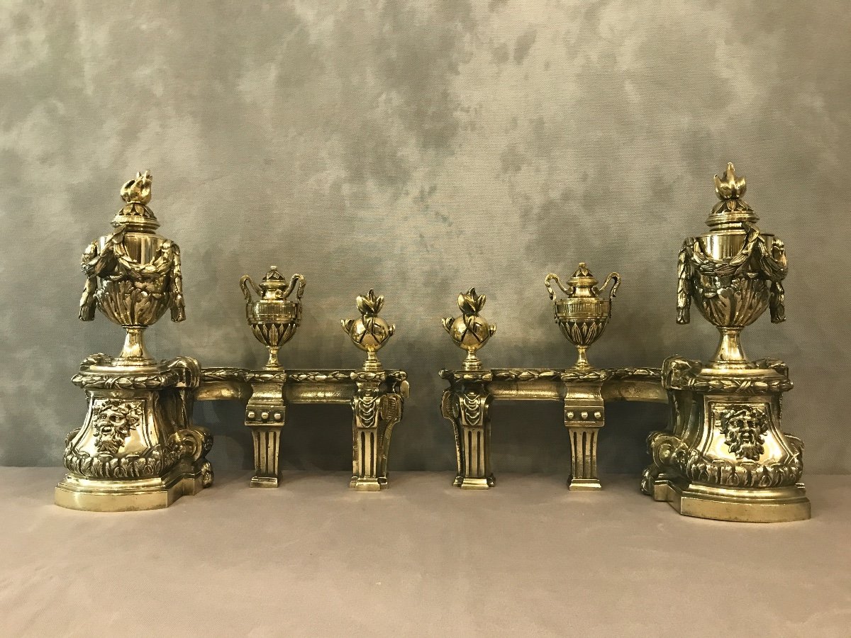 Chenets En Bronze Poli D’époque Fin 18 ème Gros Modèle Façade -photo-4